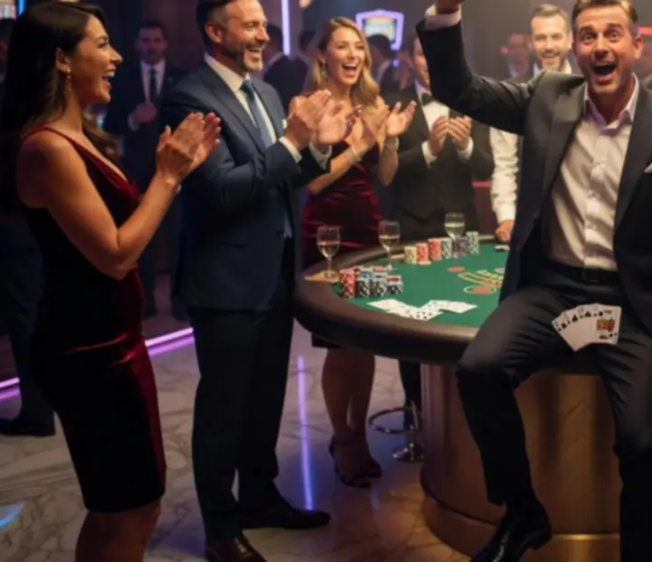 Uczestnicy grający w Blackjacka w dynamicznej atmosferze nocnego eventu