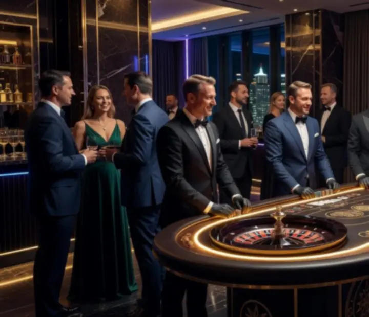 Elegancki firmowy event z mobilnymi stołami pokerowymi i nastrojowym oświetleniem