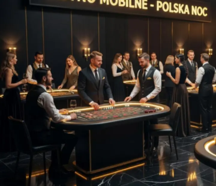 Elegancka aranżacja mobilnego kasynowego eventu z oświetlonym stołem i nastrojową salą