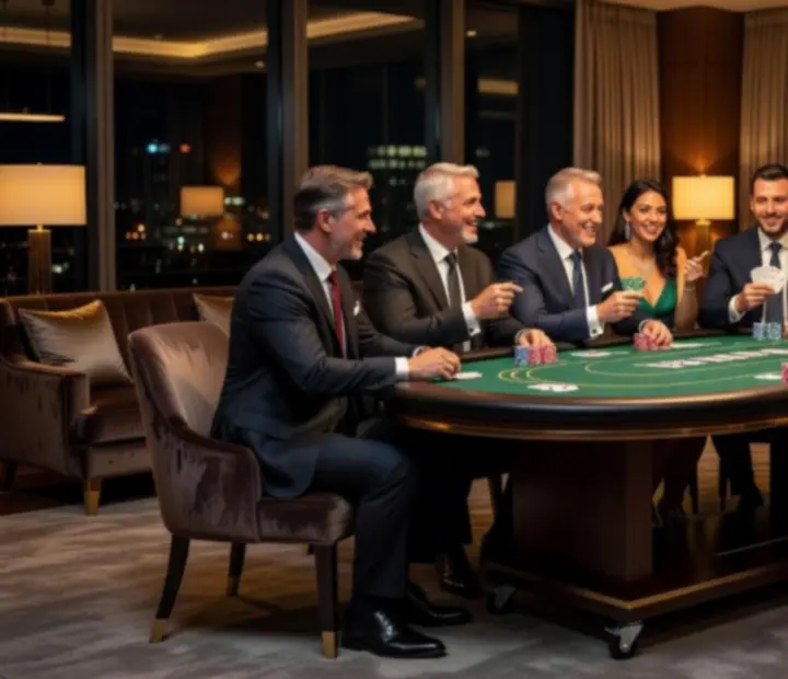 Mobilny wieczór pokerowy na prywatnym przyjęciu urodzinowym z eleganckimi gośćmi.