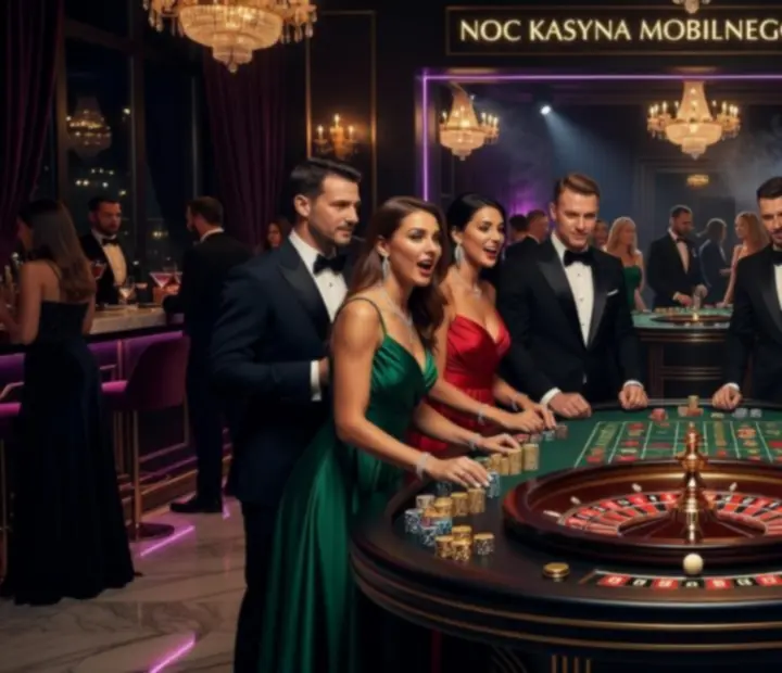 Wieczorny event z mobilną ruletką, eleganckie światło i goście przy stole
